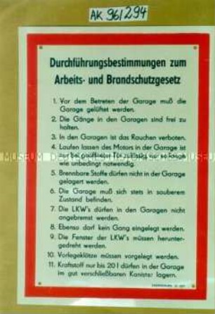 Tafel: "Durchführungsbestimmungen zum Arbeits- und Brandschutzgesetz"
