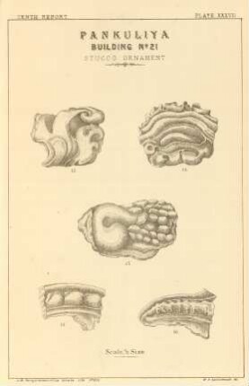 Plate XXXVIII. Pankuliya. Building No. 21. Stucco ornament.