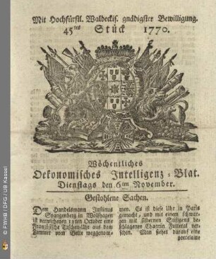 45tes Stueck, Dienstags den 6ten November 1770