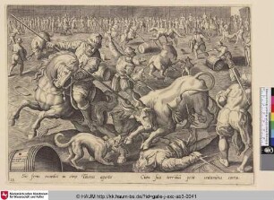 [Kampf zwischen Bullen und bewaffneten Männern; Bull fight]