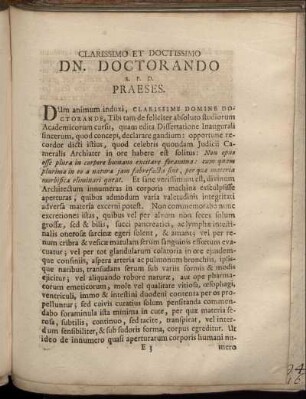 Clarissimo Et Doctissimo Dn. Doctorando S. P. D. Praeses.