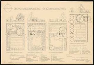 Dauerkleingärten: 4 Kleingärten und Bepflanzungsplan: Grundriss 1:100