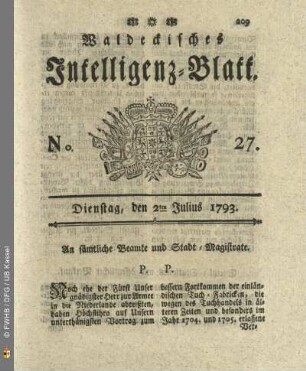 No. 27. Dienstag, den 2ten Julius 1793