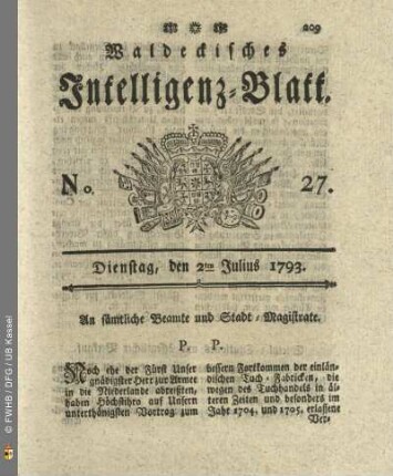 No. 27. Dienstag, den 2ten Julius 1793