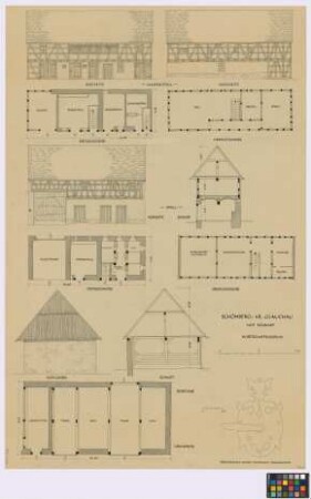 Schönberg (nicht zu finden): Schmidt. - Laubenstall (zwei Seiten-Ansichten, Grundriss des Erdgeschosses, Grundriss des Obergeschosses). - Pferdestall (Seiten-Ansicht, Querschnitt, Grundriss des Erdgeschosses, Grundriss des Obergeschosses). - Scheune (Süd-Giebel-Ansicht, Querschnitt, Grundriss). - Drückerschild an der Wohnhaus-Eingangstür (Ansicht)