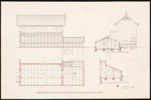 Villa Kunheim, Berlin-Niederschönweide: Fabrikgebäude: Grundriss, Ansicht, 2 Schnitte