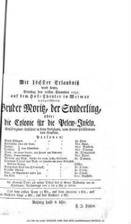Bruder Moritz, der Sonderling, oder: die Colonie für die Pelew=Inseln