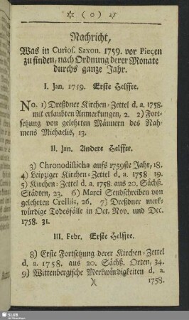 Nachricht, Was in Curios. Saxon. 1759. vor Pieçen zu finden, nach Ordnung derer Monate durchs ganze Jahr