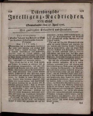 XVII. Stück: Sonnabends: den 27. April 1776.
