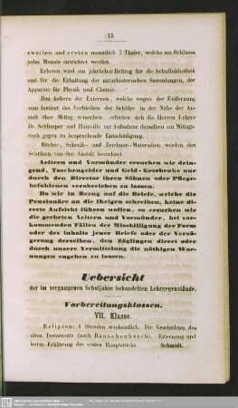 Uebersicht der im vergangenen Schuljahre behandelten Lehrgegenstände