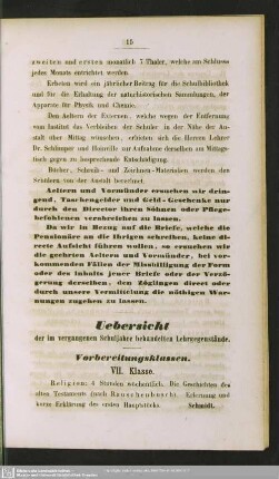 Uebersicht der im vergangenen Schuljahre behandelten Lehrgegenstände