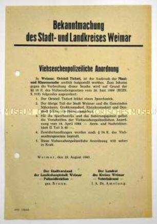 Bekanntmachung des Stadt- und Landkreises Weimar zum Ausbruch einer Tierseuche
