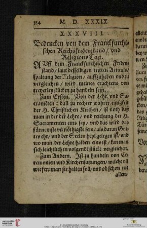 XXXVIII. Bedencken von dem Franckfurthischen Reichsfridenstand, vnd Religions Tag