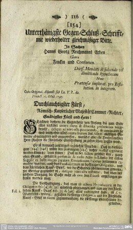 Unterthänigste Gegen-Schluß-Schrifft, mit wiederholter gleichmäßiger Bitte
