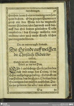 Die ein und viertzigste Andacht. Die Gründe auff welchen die Christliche Gedult beruhet