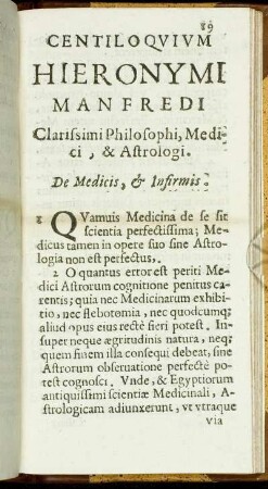 Centiloquim Hieronymi Manfredi Clarissimi Philosophi, Medici, & Astrologi.