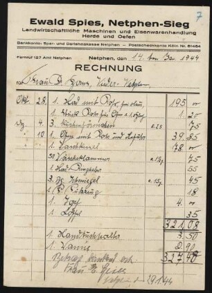 Spies, Ewald, Landwirtschaftliche Maschinen und Eisenwarenhandlung (Rechnung)
