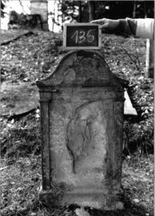 Grabstein 135 (Index: 100090326) Material: Sandstein Zustand: beschäd/abgeblätt. mit völligem Textverl. Maße HxBxT: 114x60x11 cm Beschreibung: Stele, Sockel, Konvexbogenabschl. , Schriftfeld eingetieft(Pfeilerbegrenzung): Grabstein 135