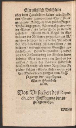 Von Ursachen des Repudii, oder Auffsagung der zugesagten Ehe.