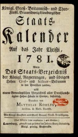 1781: Königl. Groß-Britannisch- und Chur-Fürstl. Braunschweig-Lüneburgischer Staats-Kalender