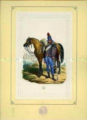 Uniformdarstellung, Husar, Frankreich, 1795. Tafel 4 aus: Bellangé: Die Soldaten der französischen Republik und des Kaiserreichs.