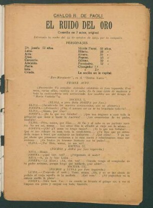El ruido del oro : comedia en 3 actos, original