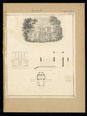 Badehaus Monatskonkurrenz Februar 1829: Teilaufriss der Wand,Teiluntersicht der Decke; Maßstabsleiste