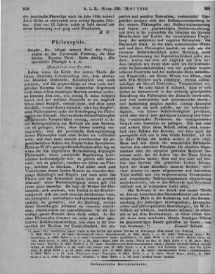 Sengler, J.: Die Idee Gottes. T. 2, Abt. 1. Die Speculative Theologie. Heidelberg: Mohr 1847 (Beschluss von Nr. 119)