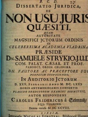 Diss. iur. de non usu iuris quaesiti