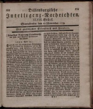 XLVIII. Stück. Sonnabends: den 27. November 1779.