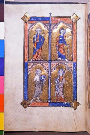 Ganzseitige Miniatur: Apostel Petrus und Apostel Paulus, Johannes der Täufer und Johannes der Evangelist als Heilige in Ganzfigur unter Spitzbogenarkaden