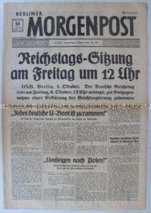 Tageszeitung "Berliner Morgenpost" zur Reichstagssitzung nach der Kapitulation Polens