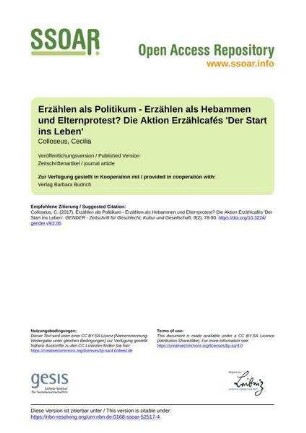 Erzählen als Politikum - Erzählen als Hebammen und Elternprotest? Die Aktion Erzählcafés 'Der Start ins Leben'