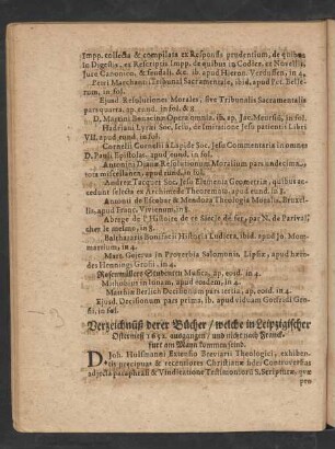 Verzeichnüß derer Bücher/ welche in Leipzigischer Ostermeß 1652. ausgangen/ ...