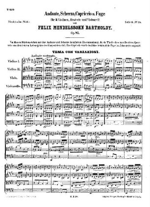 Felix Mendelssohn-Bartholdys Werke, 6,28. Nr. 28, Andante, Scherzo, Capriccio und Fuge : op. 81 in E, A-m[oll], E-m[oll] u. Es. - 21 S. - Pl.-Nr. M.B.28