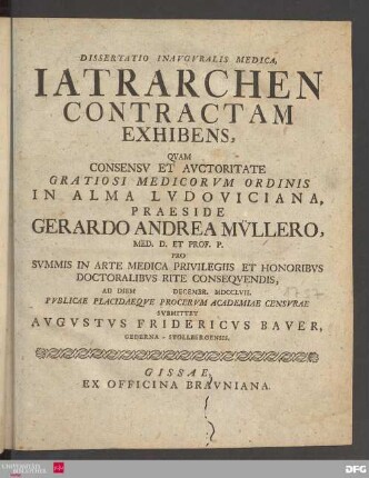 Dissertatio Inavgvralis Medica Iatrarchen Contractam Exhibens