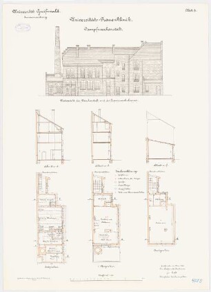 Universität Greifswald Frauenklinik - Waschhaus: Grundriss Keller, Erdgeschoss, Obergeschoss, Dachgeschoss, Aufriss Westansicht, Querschnitte 1:100