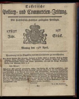 15tes Stueck, Montag den 14ten April. 1783