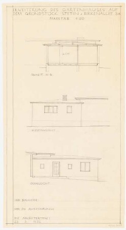 Wohnhaus H.C. Fischer, Stettin: Entwurf Ansichten, Schnitt 1:50