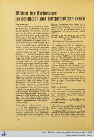 Wirken der Freimaurer im politischen und wirtschaftlichen Leben.