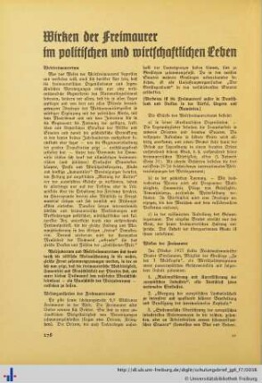 Wirken der Freimaurer im politischen und wirtschaftlichen Leben.