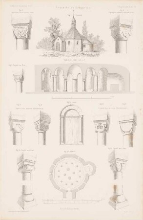Kapelle, Drüggelte: Grundriss, Perspektivische Ansicht, Querschnitt, Perspektivische Ansichten Säulen (aus: Atlas zur Zeitschrift für Bauwesen, hrsg. v. G. Erbkam, Jg. 4, 1854)