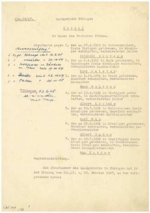 Strafakte Schrage, Reinhold, Lehrer, Münsingen u.a. Qu.233-252c (Urteil)