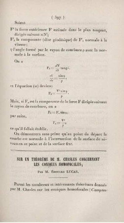 Sur un théorèmes de M. Chasles concernant les coniques homofocales.