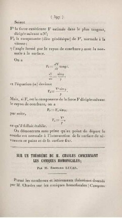 Sur un théorèmes de M. Chasles concernant les coniques homofocales.