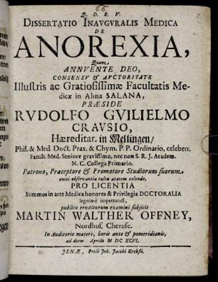 Dissertatio Inauguralis Medica De Anorexia