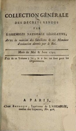 Collection générale des décrets rendus par l'Assemblée Nationale. 27. 1792 = Mai - Juni