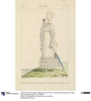 Incroyables et Merveilleuses: Tafel 18: chapeau de paille garni de crêpe, robe de perkale