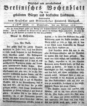 216tes Stueck, Sonnabend, den 20 Februar 1813