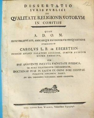 Dissertatio Ivris Pvblici De Qvalitate Religionis Votorvm In Comitiis